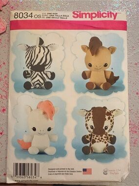 BN UNCUT SIMPLICITY 8034 OS SEWING PATTERNS STUFFED ANIMALS